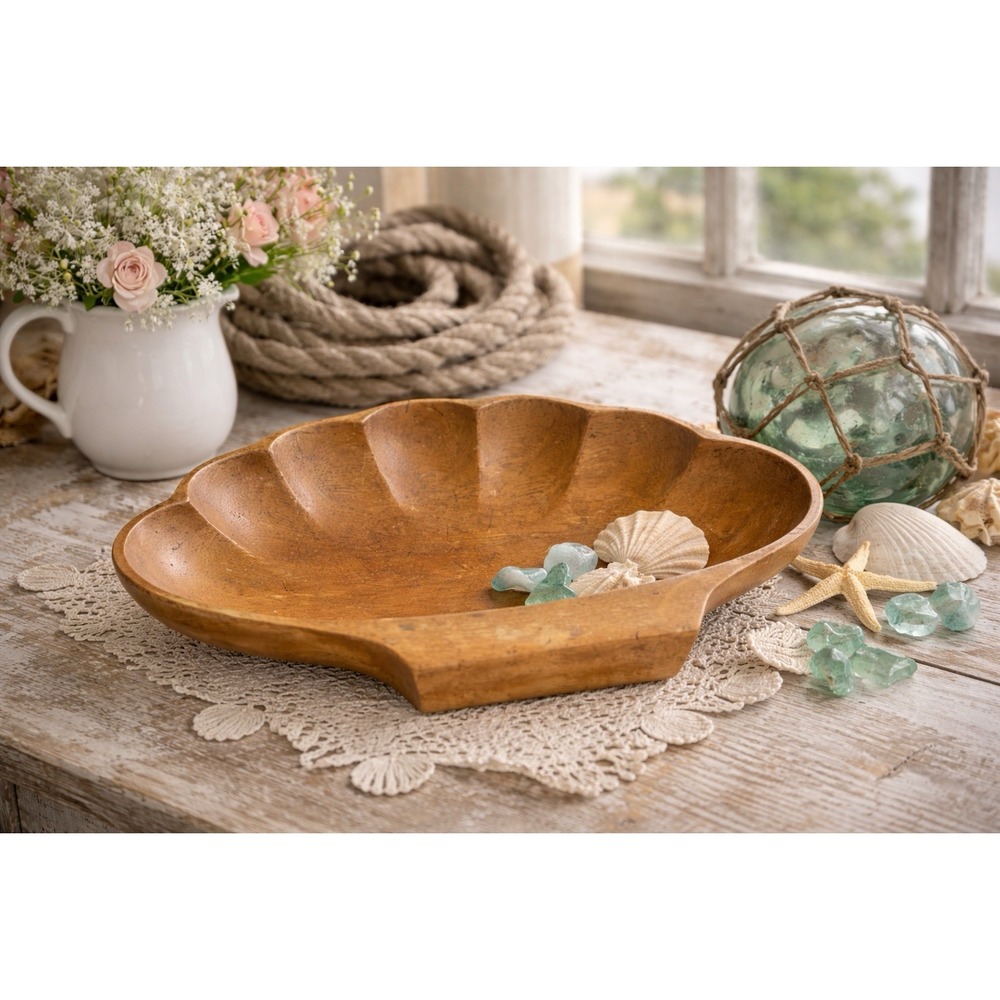 Vintage Hand Carved Wooden Scalloped Bowl Shell Shape Rustic Cottagecore